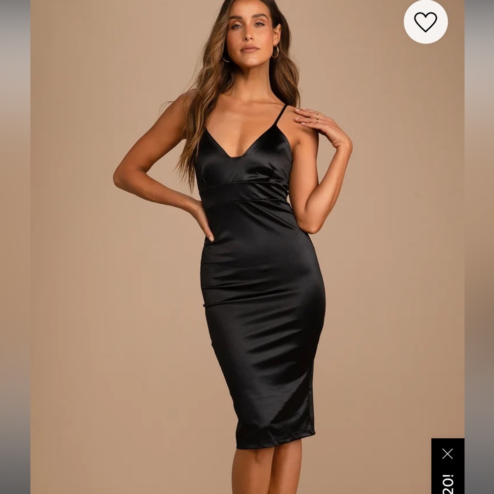 Black satin bodycon midi dress